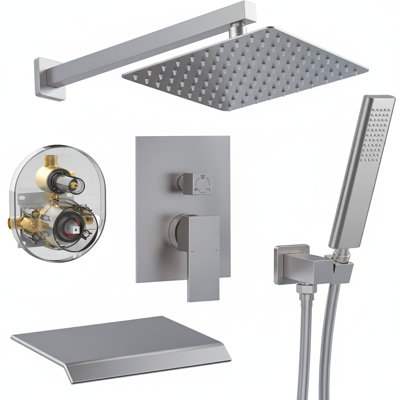 High Pressure 10 Inch Rain Shower Head and Handheld Combo, Brushed Nickel Metal Tub Faucet Set with Diverter Valve