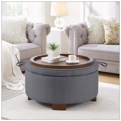 Repose-pieds rond avec couvercle réversible - Repose-pieds rembourré en tissu Boucle, compartiment de rangement caché, pieds en bois, siège double et table d'appoint