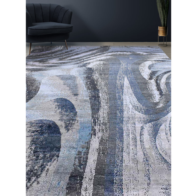 Hand Knotted Abstract Area Rug in Gray/Black, Rectangle 8' x 10'