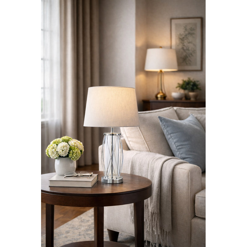 Alexarae 50cm Glass & Metal Table Lamp with linen shade, Silver, Natural