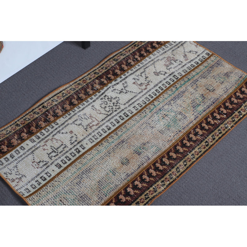 Small Turkish Vintage Patchwork Oushak Rug in Brown for Entryway Boasting an Oriental Boho Design