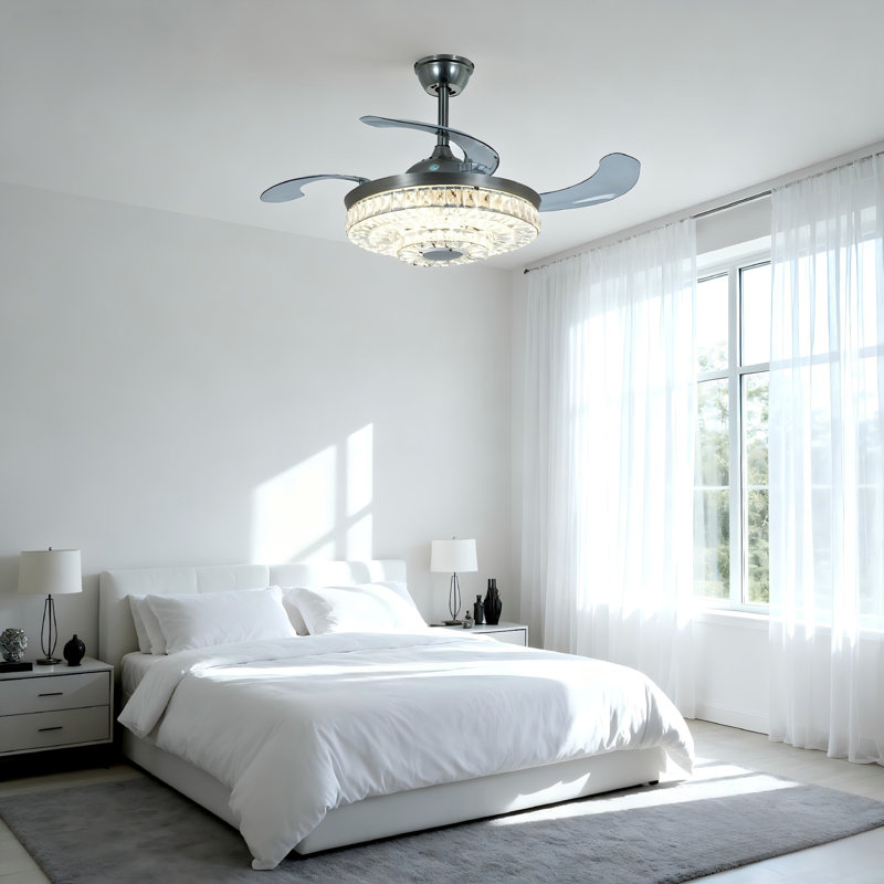 Ventilateur de plafond 42 "en cristal avec lumière DEL et haut-parleur Bluetooth pour chambre à coucher et salon