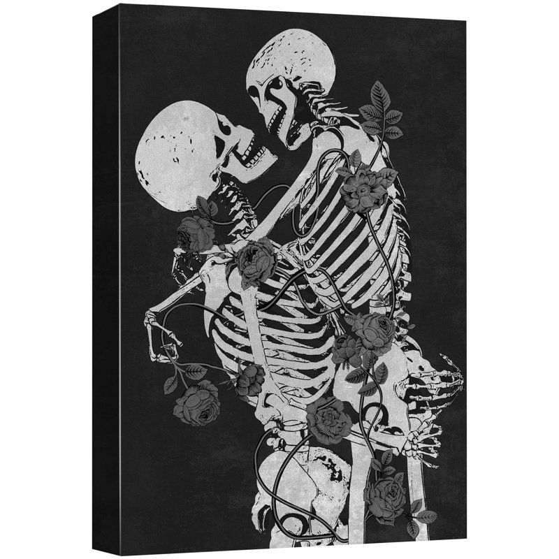 Moody Gothic " Skeleton Kiss Gothic Moody Dark Illustrations Modern Art Work Decor ", Wrapped Canvas, 24" H x 16" W