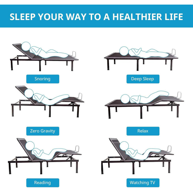 Structure de lit réglable sans gravité avec télécommande sans fil, inclinaison de la tête et des pieds, Lit double