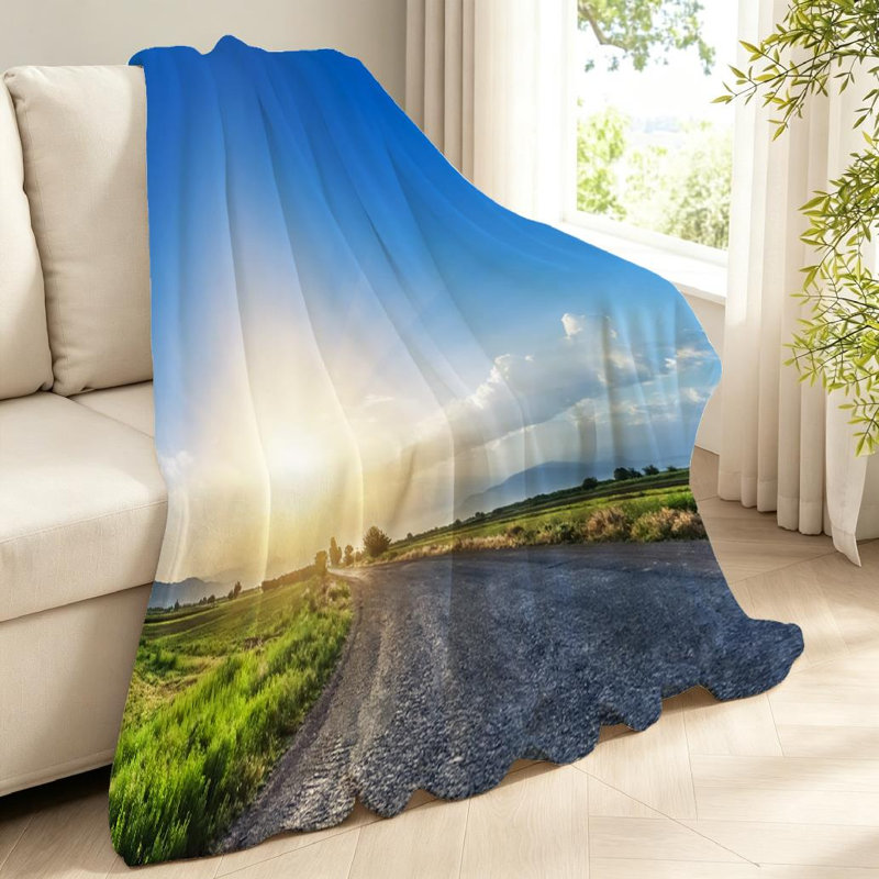 Jeté en molleton bleu flanelle ultra doux, impression d'un seul côté paysage d'été, Throw 40" x 50"