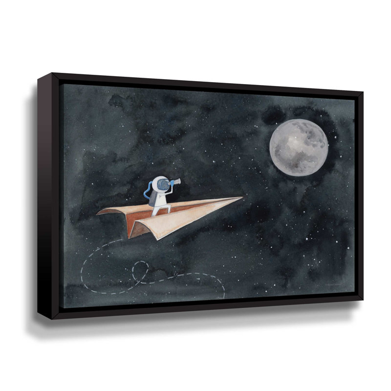Avion en papier vers la lune - Reproduction d'art graphique sur toile, Toile avec cadre noir, H 24 po x l 32 po x P 2 po