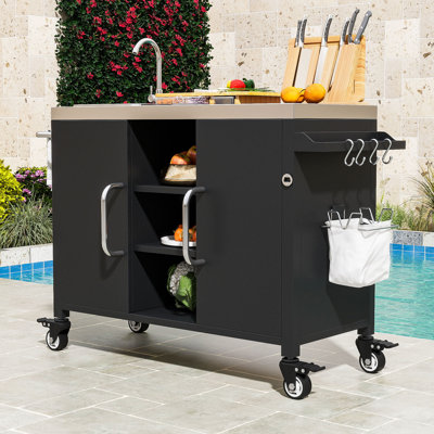 Chariot de cuisine pour roulettes avec évier, plateau en acier inoxydable, grand rangement et support à épices réglable