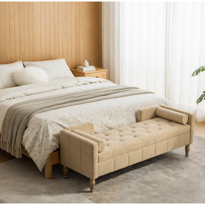 Banc de rangement à extrémité rabattable en chenille l 64,6 po pour salon, couloir, chambre à coucher, blé, Blé