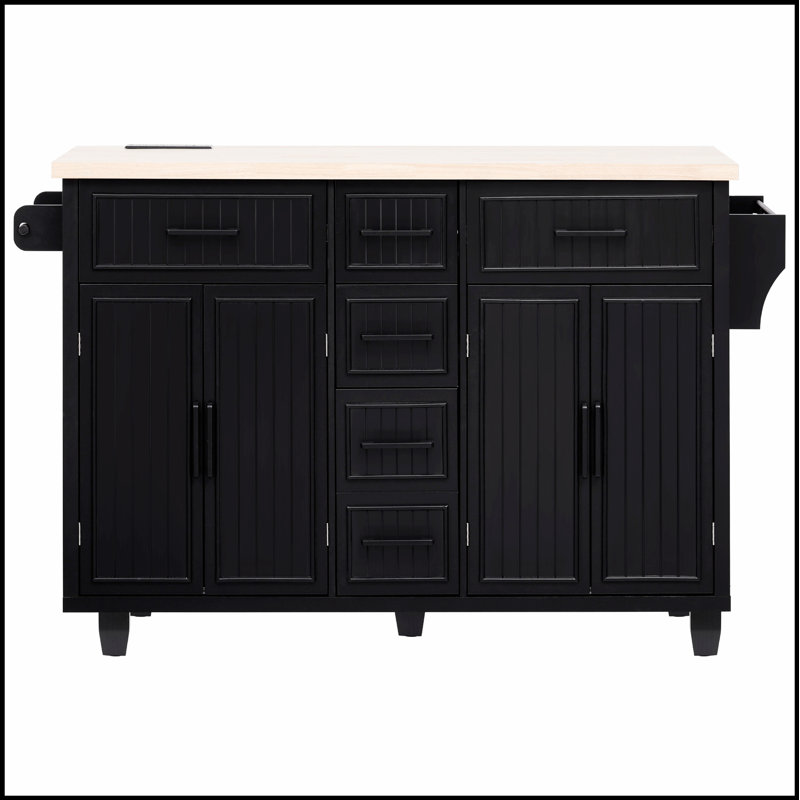 Îlot de cuisine de 56,5 po avec rallonge, prise de courant et grand rangement sur roulettes, parfait pour les cuisines modernes et de style campagnard