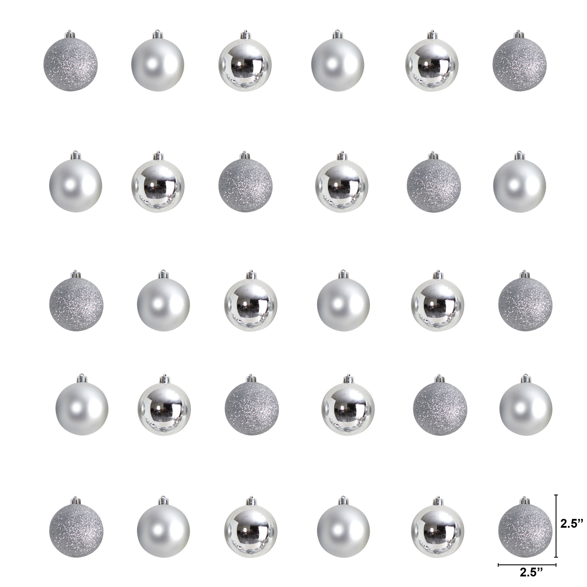 Holiday Christmas 30 Count 2.5in. Shatterproof Ornament Set, Silver