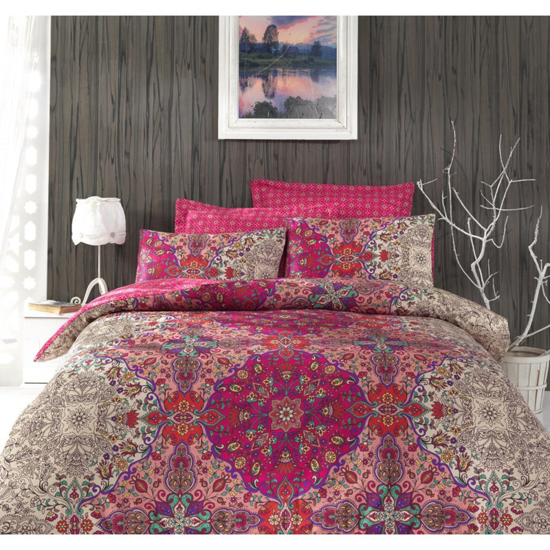 Ensemble de housse de couette 100% coton fuchsia / gris / rouge Lora, Housse de couette simple + 1 taie d'oreiller pour
