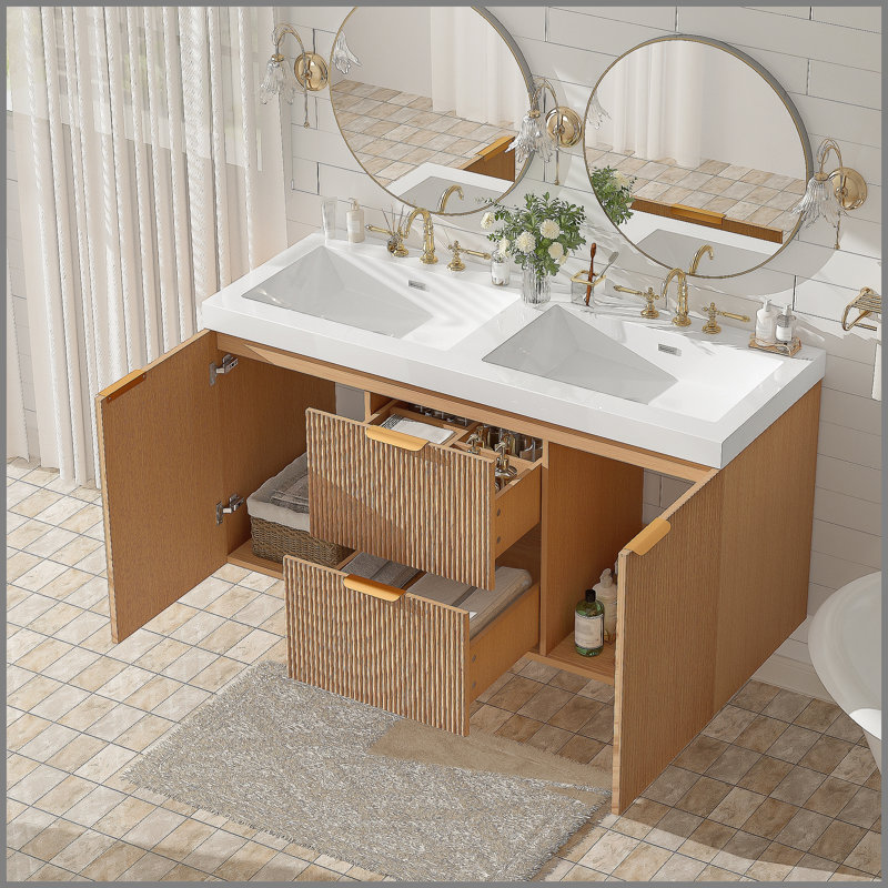 Meuble-lavabo double 47,24 pouces avec comptoir en bois massif, armoire en panneau de fibres à densité moyenne, portes à fermeture en douceur, tiroirs divisés, meuble-lavabo mural moderne