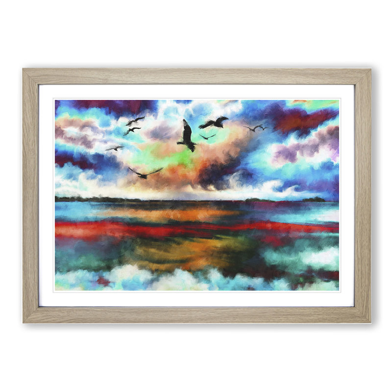 Birds over a Colourful Ocean - Picture Frame Painting, Oak Framed, 48cm H x 65cm W x 2cm D