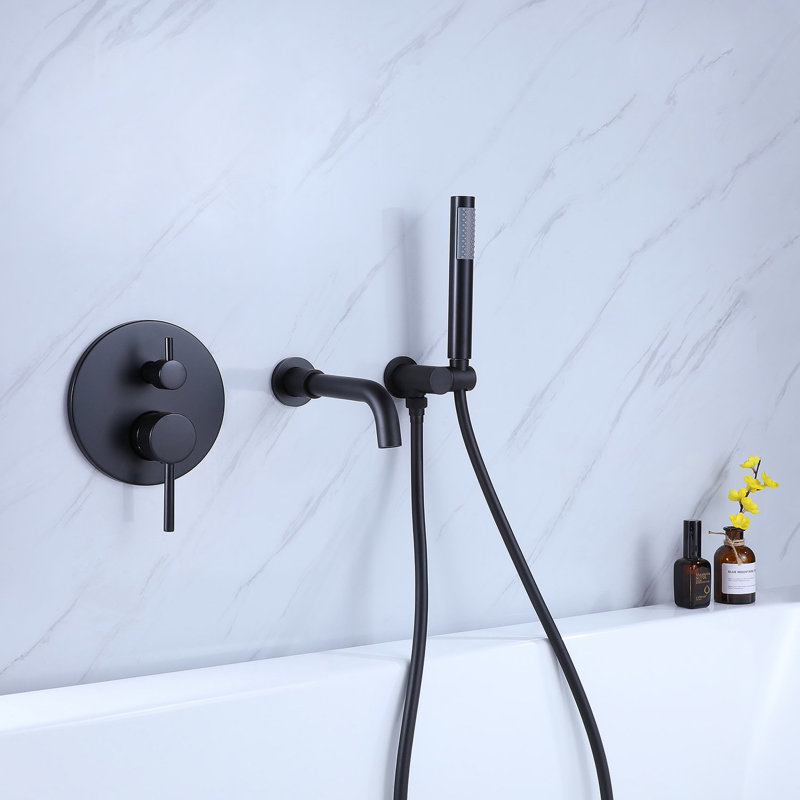 2 robinets de baignoire et douche noirs mat - en laiton, - valve équilibrée, antirouille, à main avec boyau, 2 gallons par minute, nickel, supports de fixation inclus