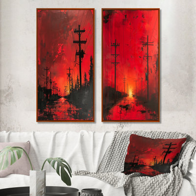 Red Power Lines To The Darkness I - Ensemble de 2 pièces d'art mural Power Lines