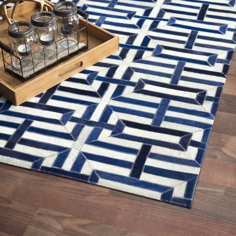 Galaxy Silver and Navy Geometric Cowhide Silk 9' x 12' Rug
