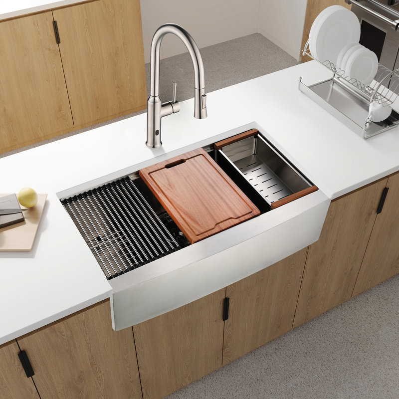 Évier de cuisine à tablier en acier inoxydable avec poste de travail - 33 x 22 x 10 po T304 Robustesse 3 m