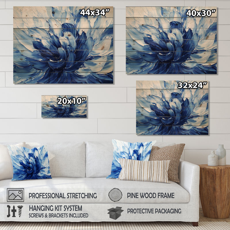 Velours bleu fleurs de cactus III - impression traditionnelle en bois bleu sur bois de pin naturel