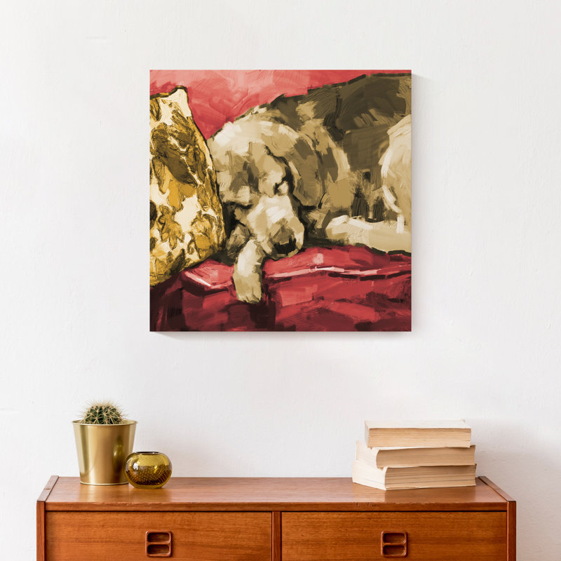 Painted Golden Retriever Couch 1 - peinture sur toile tendue, H 16 po x l 16 po