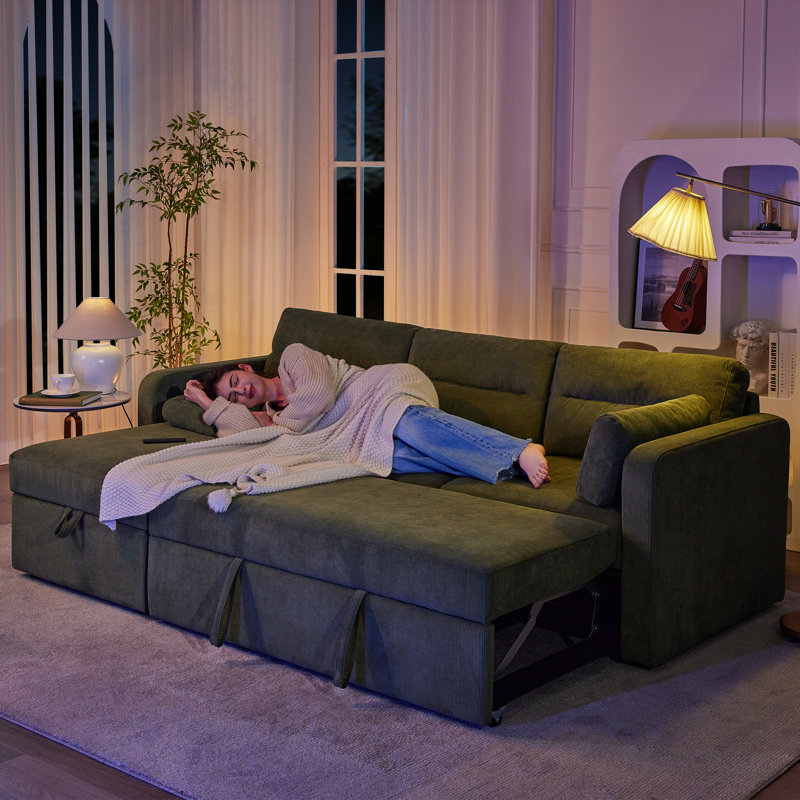 Canapé-lit modulaire en L de 92,5 po de large avec rangement en L, Velours côtelé vert