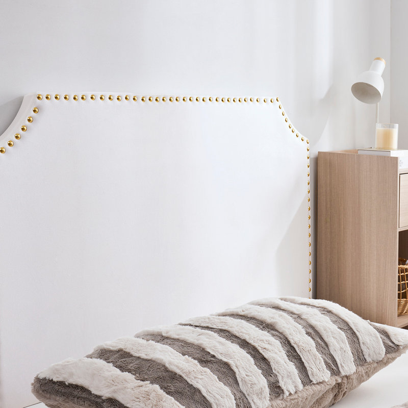 Full/Full XL - Bevel Tacked Plush Outlet Headboard with Legs - White with Rivets, Gold Rivets