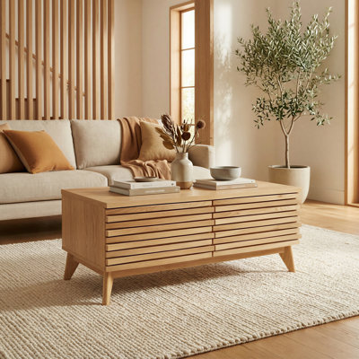 Table basse en chêne avec 2 lattes texturées et tablettes réglables Corrigan Studio Mamtha