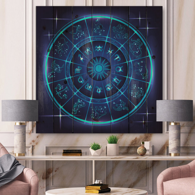 Horoscope néon bleu profond avec signes du zodiaque - impression moderne sur bois de pin naturel