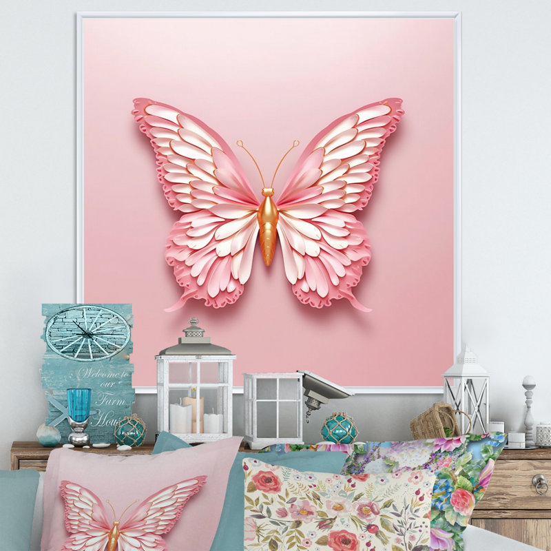Décoration murale papillon rose et or III, H 36 po x l 36 po x P 1,5 po, Cadre flottant blanc