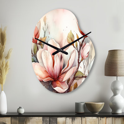 Red Magnolia Symphony - Horloge murale en métal à forme unique, impression d'horloge murale rouge