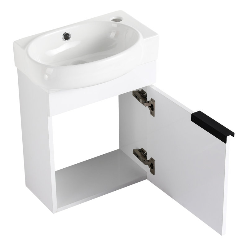 Meuble-lavabo à fermeture en douceur avec porte en céramique, porte et armoire de rangement, Noir, Blanc brillant