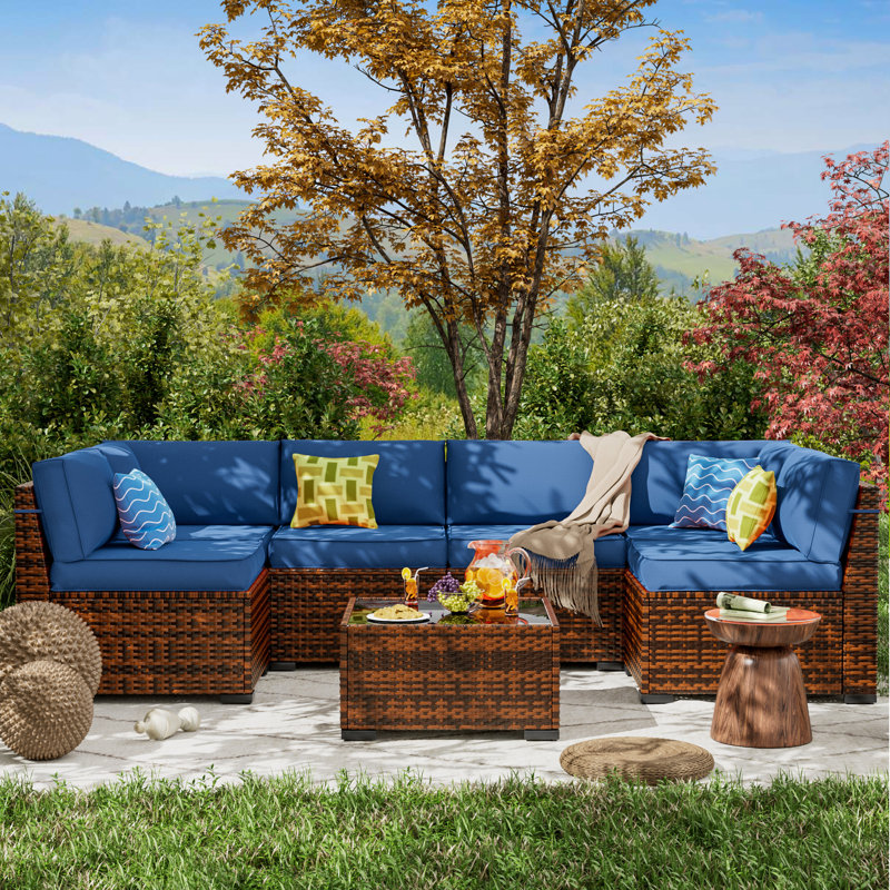 Treyshun Wicker 6-Person Sectional Conversation Sets with Cushions, Navy, No