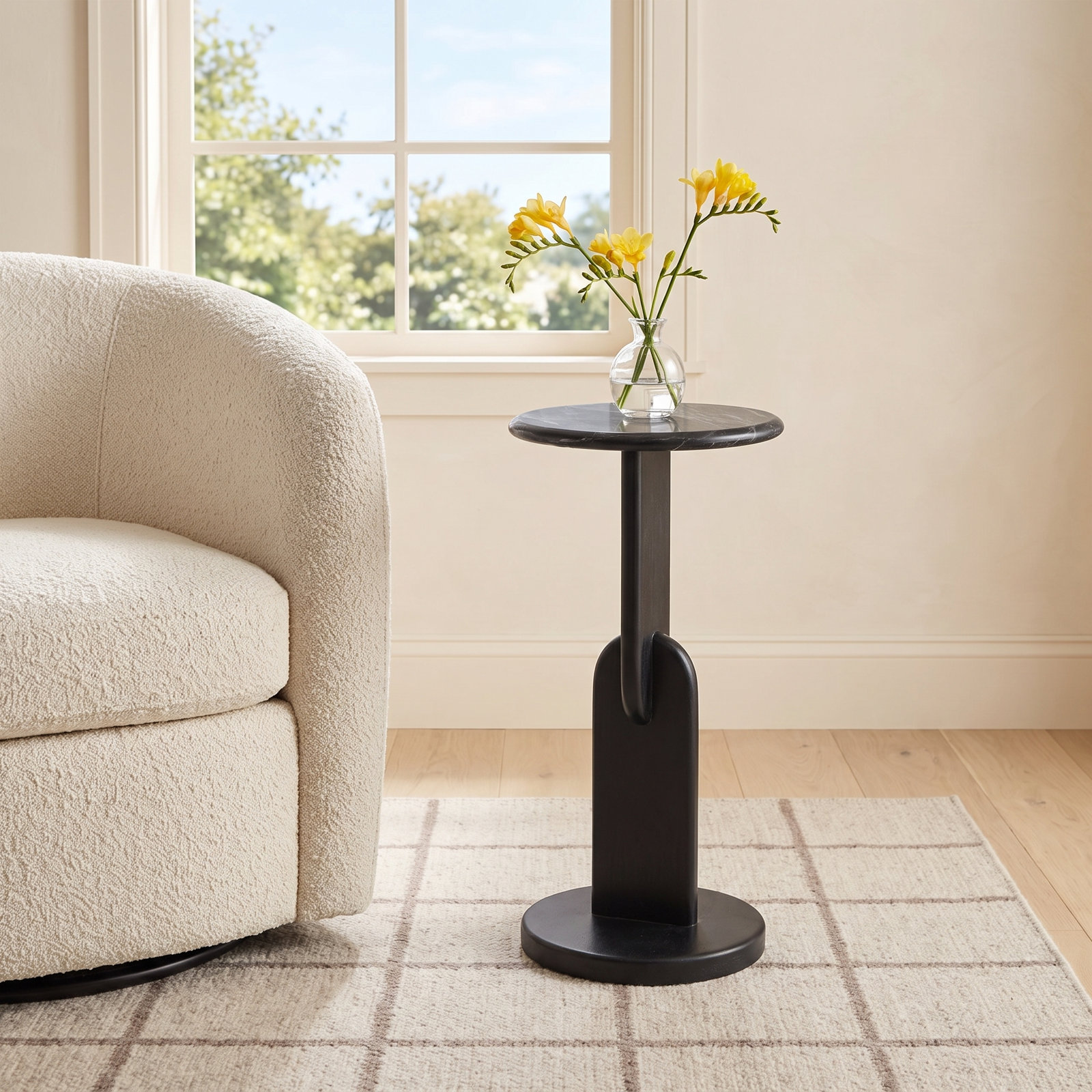 Kielle 10" Genuine Marble End Table, Black Marble, Black