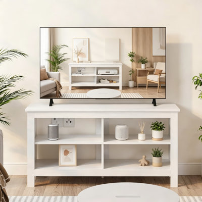 Meuble télé de style moderne Mid-Century de 43 po, centre de divertissement de ferme avec 4 tablettes ouvertes, console média pour le salon et la chambre à coucher, pour téléviseur de 50 po ou moins, blanc