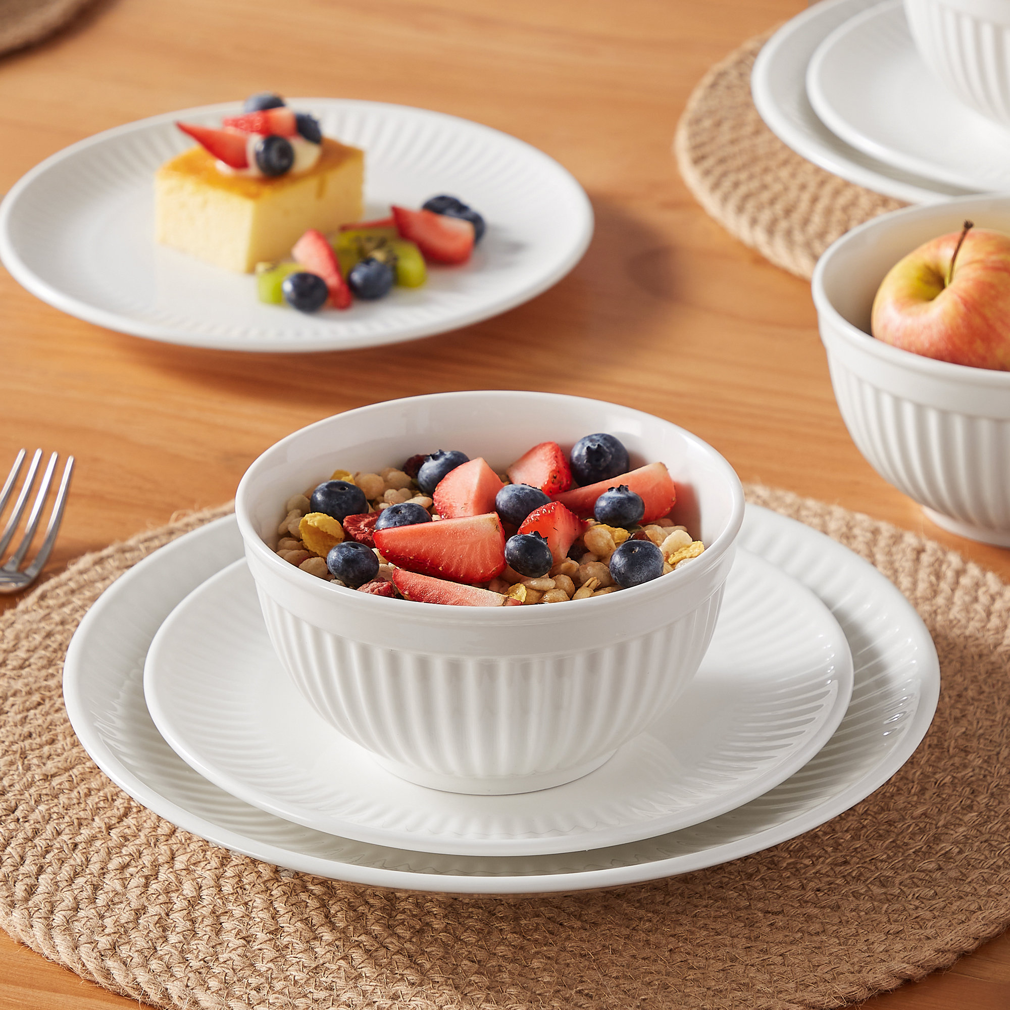 12-Piece White Ceramic Dinnerware Set - Modern Ribbed Relief Tableware Service For 4, Includes Dinner Plates, Salad Plates & Bowls - Holiday, Wedding & Dinner Party Essentials