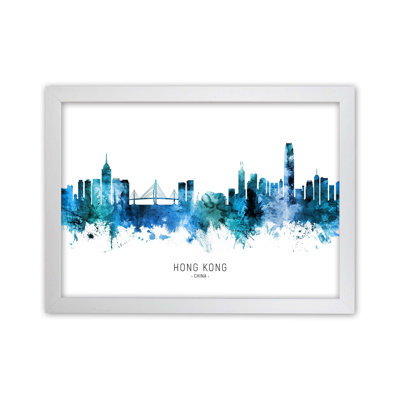 Hong Kong China Skyline Blue City Name by Michael Tompsett - Print