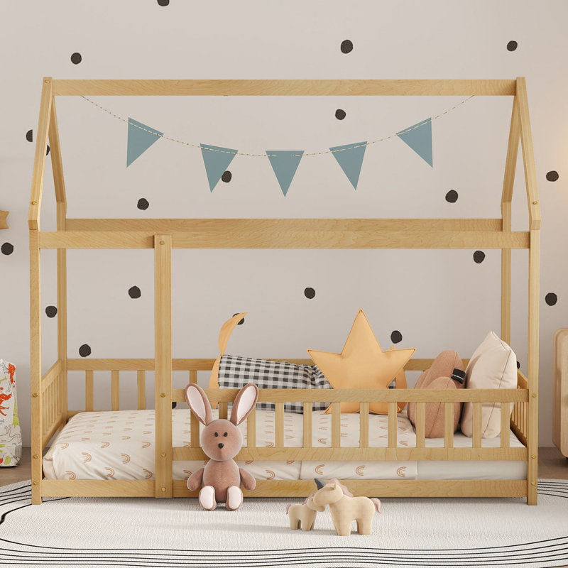 Kids House Floor Wooden Bed With Roof Frame, Safety Guardrails, Natural, Twin