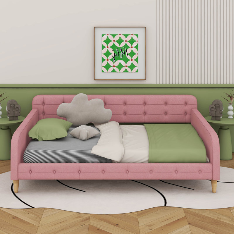 Queen Size Upholstered Daybed With 4 Support Legs, Rubine