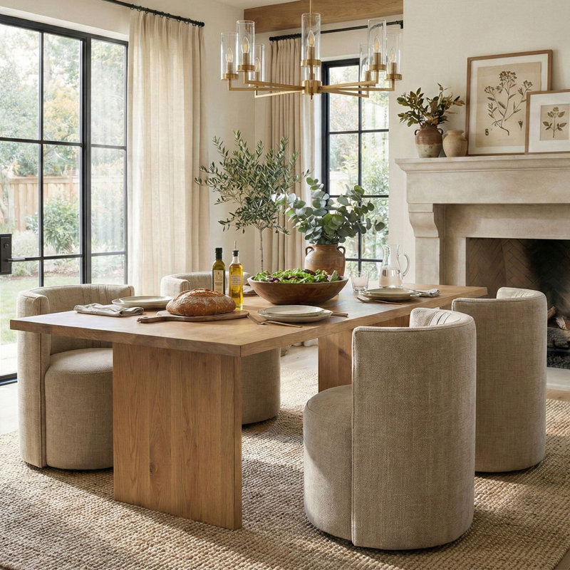 Upholstered Barrel Back Dining Chairs with Hidden Casters, Khaki