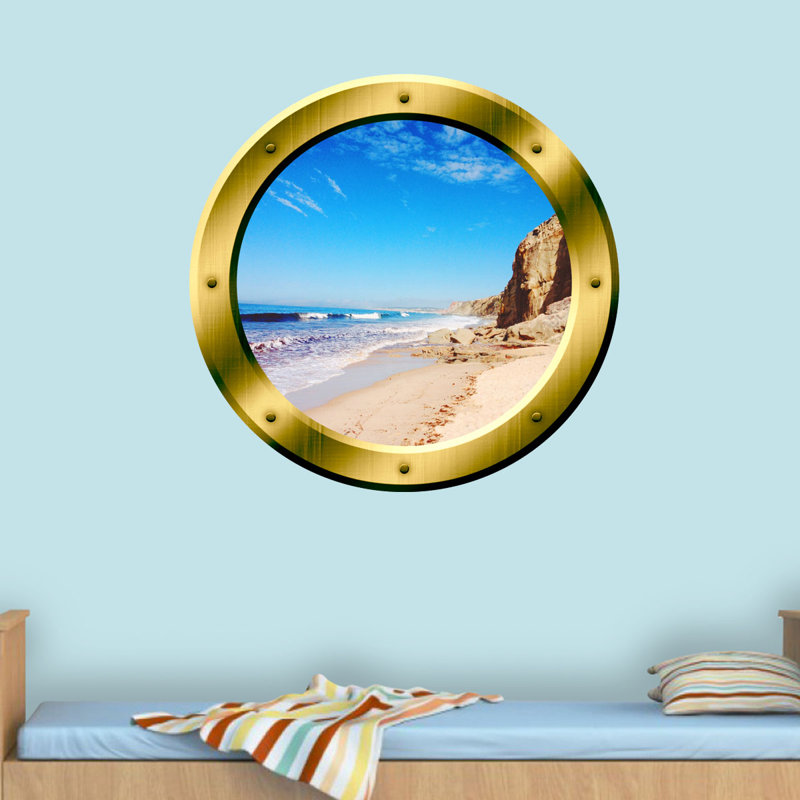 Décalcomanie murale hublot 3d ocean beach, H 14 po x l 14 po x P 0,01 po, Or