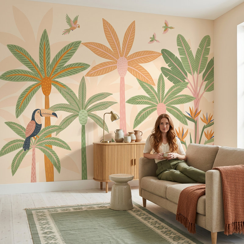 Papier peint tropical, décoration murale amovible perroquets palmiers, 140 po x 108 po, Peler et coller