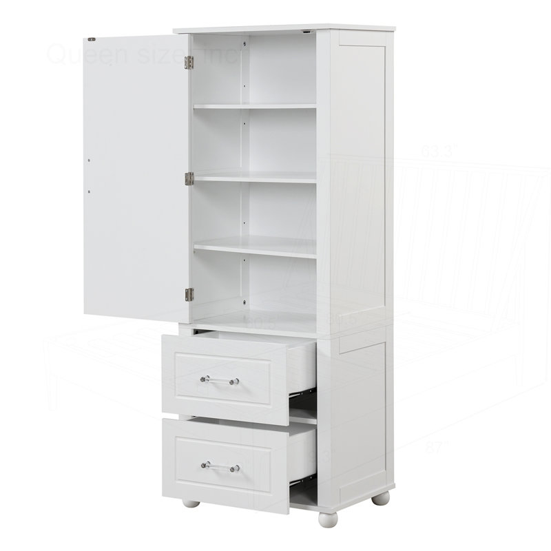 Freestanding Storage Cabinet with Two Drawers and Adjustable Shelf, White