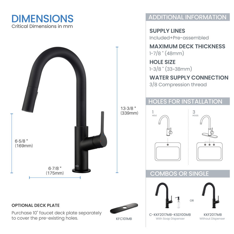 KIBI Fusion Pull Down Kitchen Faucet with Soap Dispenser, Matte Black