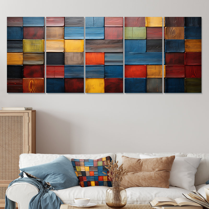 «Colorful Colorful Earth Tiles V - Boho Mosaic», art mural 5 pièces, H 32 po x l 80 po