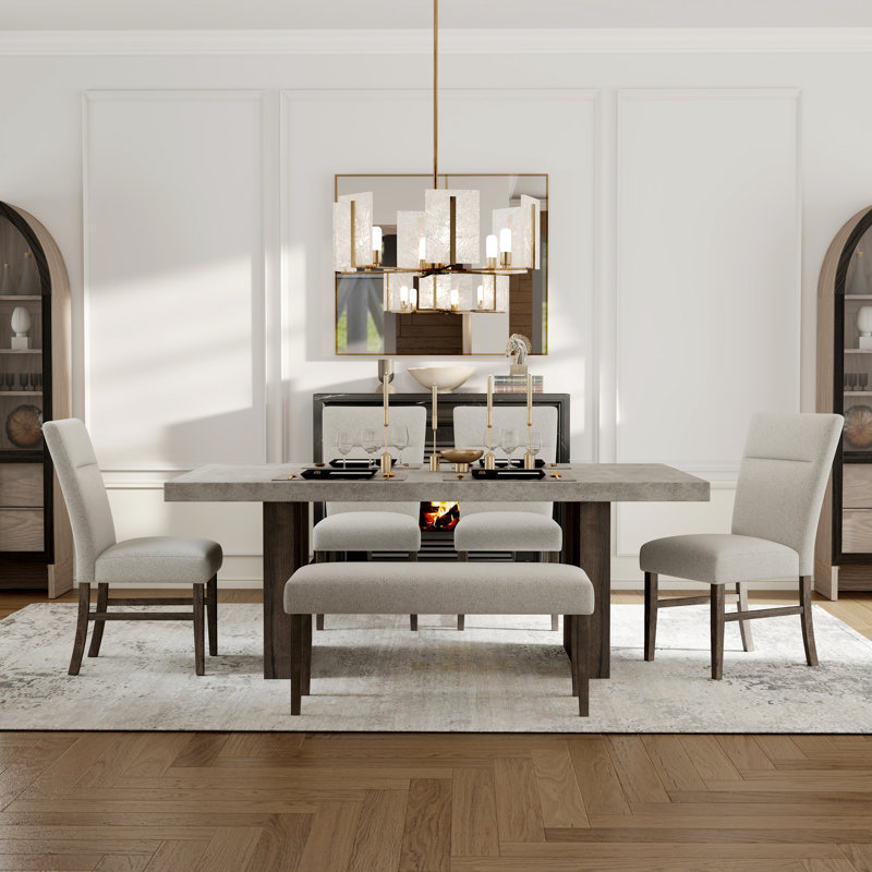 Ensemble de salle à manger moderne 6 pièces Roundhill Furniture Sorlen, table en faux béton avec 4 chaises et banc