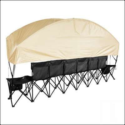 Banc portatif pliant à 6 places avec parasol, poches de rangement, porte-gobelets et sac de transport pour les événements extérieurs