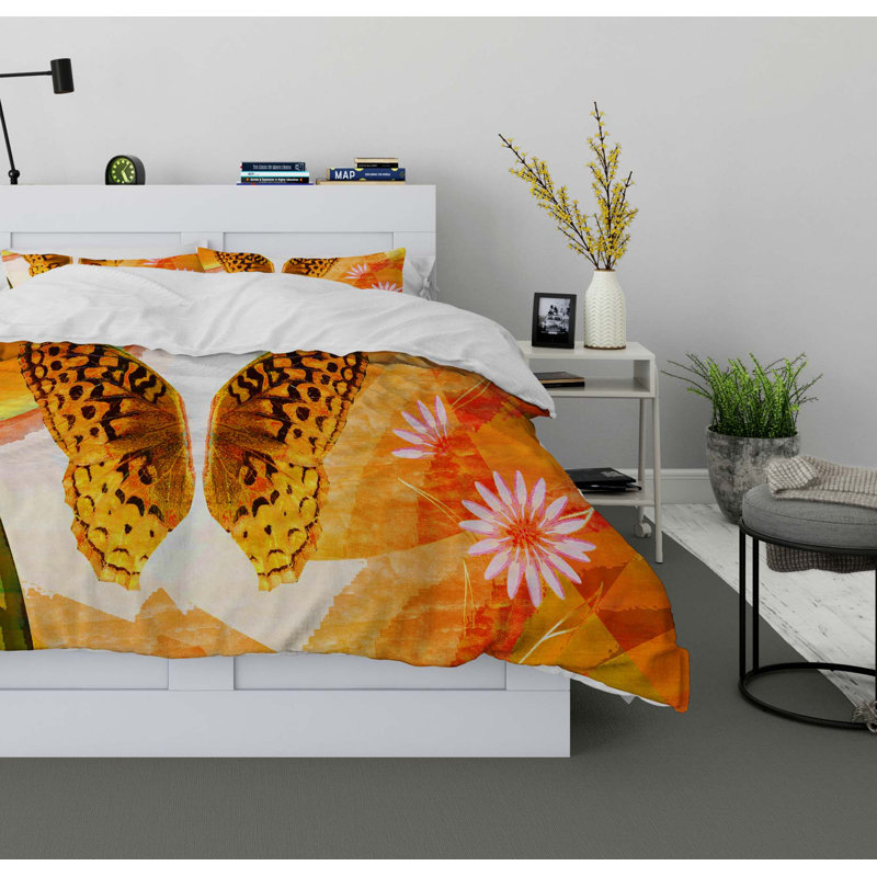 Orange Butterfly Polyester Twill Duvet Cover, Twin Duvet Cover + 1 Pillow Case