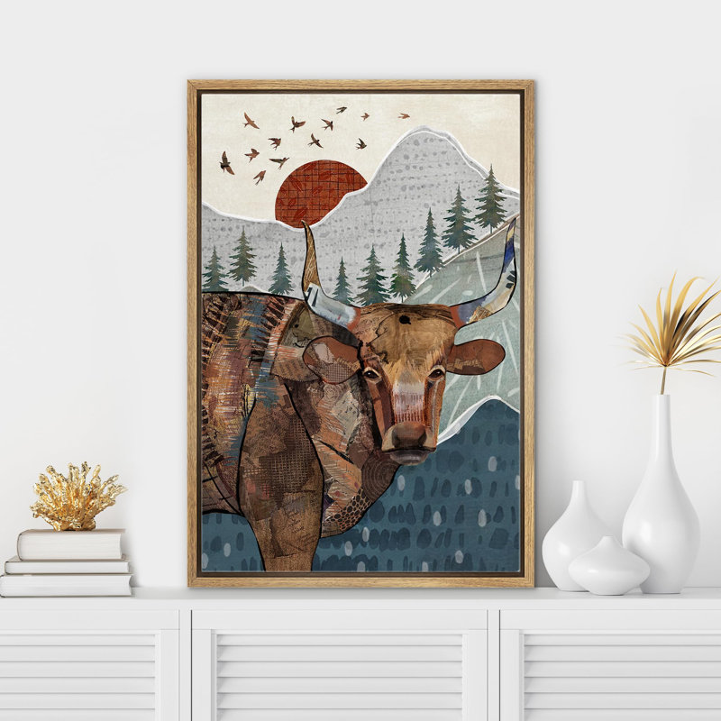 Western Wood Effect Landscape " Western Decor Longhorn Cow Portrait Animals Wildlife Mountain Range Artwork Modern Art Landscape "