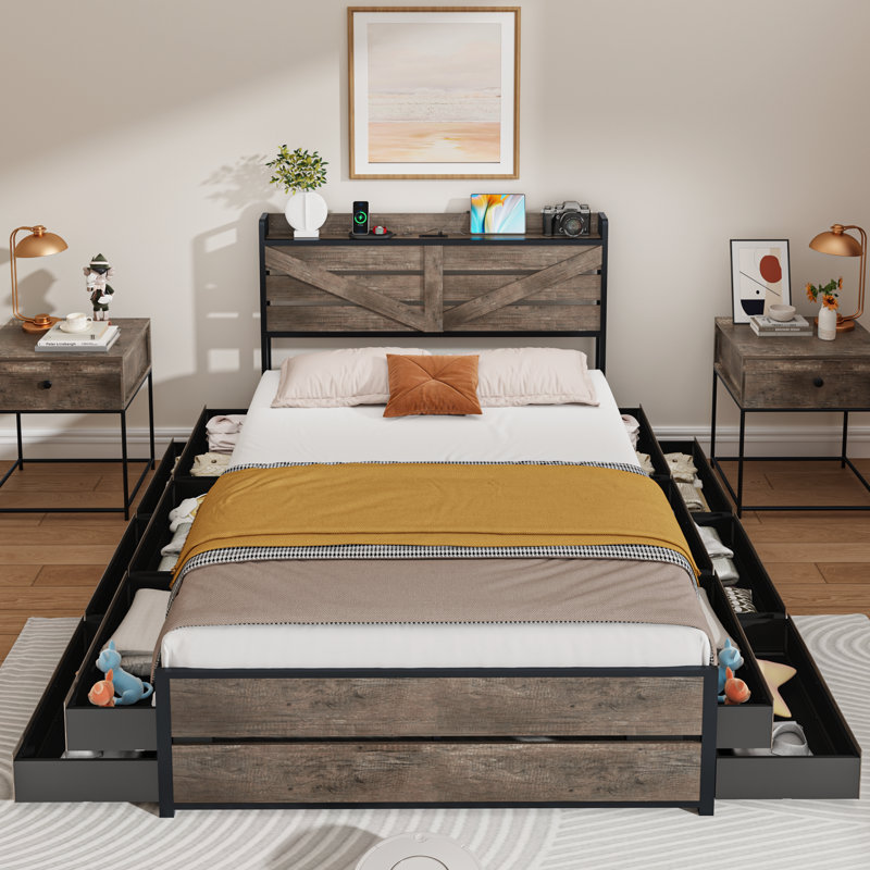 Modern Bed Frame with 12 Drawers and Open Storage Headboard,Charging Station,No Box Spring Needed , Queen, Oak