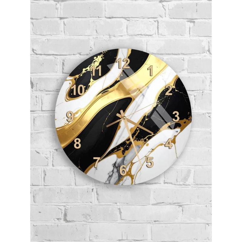 Horloge murale en verre trempé noir et or noir, horloge Art abstrait, décoration murale élégante, horloge moderne, cadeau de pendaison de crémaillère, décoration de salon