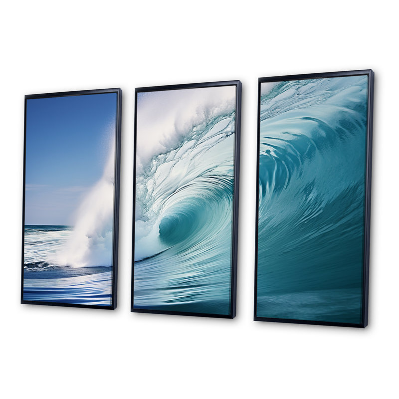 «Turquoise Power of Ocean Wave III», ensemble d'art mural sur toile côtière, Cadre flottant noir, H 32 po x l 48 po x P 1 po